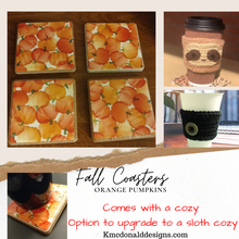 Load image into Gallery viewer, Orange Fall themed pumpkin coasters with cozy
