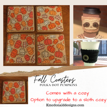 Load image into Gallery viewer, Polka dot fall themed pumpkin coasters
